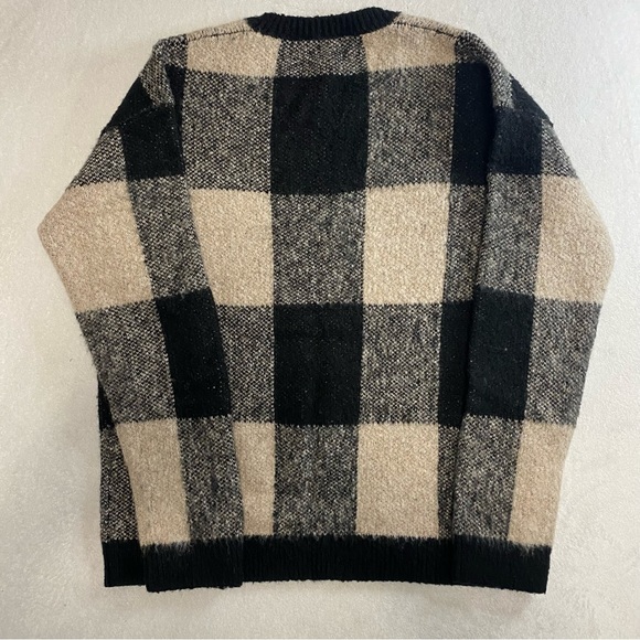Lucky Brand Tan Plaid Buffalo Check Fuzzy Wool Blend Long Sleeve Sweater Size M - Picture 5 of 8
